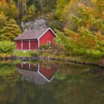 Red wooden cottage by a lake — a classic choice when you rent a Swedish stuga